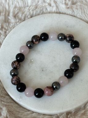 Handmade Rose Quartz, Black Onyx & Hematite Beaded Stretch Bracelet
